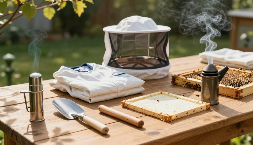 A well-organized array of essential beekeeping equipment laid out on a wooden table, featuring a hive tool, smoker, bee suit, and frames. In the foreground, the shiny metallic hive tool stands out against the textured wood, while a lit smoker billows gentle smoke to create an atmospheric, serene environment. In the middle ground, a neatly folded bee suit with a veil adds a touch of professionalism, surrounded by bee frames ready for installation. The background fades softly, hinting at a lush garden, with warm sunlight streaming through branches, casting dappled shadows on the table. The scene conveys a sense of preparedness and enthusiasm for beekeeping, inviting viewers to embrace the art of package bee installation with confidence and care.