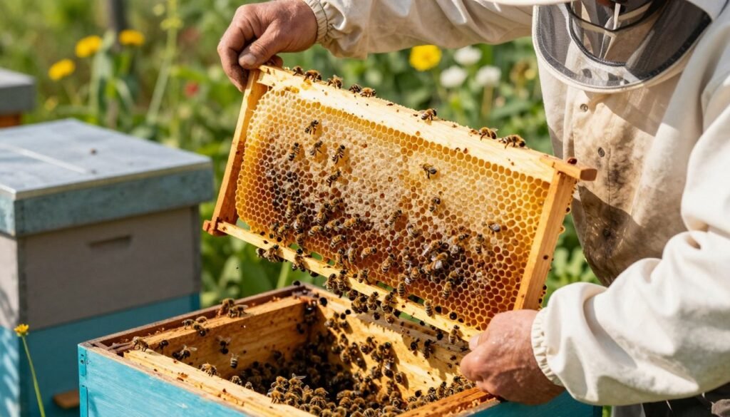 A well-organized beehive scene with a beekeeper in professional attire gently replacing frames filled with honeycomb. In the foreground, a close-up of the beekeeper's hands, carefully holding a frame, showcases shiny, golden honey cells and clustered worker bees. In the middle ground, the hive is open, with vibrant bees buzzing around, emphasizing the activity of inspecting for disease. The background features lush greenery and flowers, indicating a healthy environment. Soft, warm sunlight filters through the foliage, casting gentle shadows and brightening the scene. The mood conveys diligence and care in beekeeping practices, highlighting the importance of frame replacement while ensuring the wellbeing of the hive and its brood.