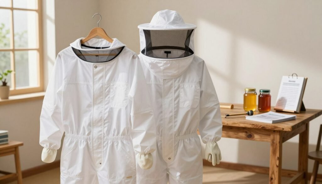 A well-organized beekeeping suit, designed for long-term storage, displayed in a sunlit room. The suit is made of durable, white, breathable fabric, featuring reinforced seams, a ventilated hood, and protective gloves neatly folded at the cuffs. In the foreground, the suit is hung on a wooden hanger, surrounded by bee inspection tools like a hive tool and a smoker, emphasizing preparation and care. The middle ground showcases a clean, rustic wooden table with a few jars of honey and beekeeping manuals, reflecting a holistic beekeeping atmosphere. In the background, soft sunlight filters through a window, casting gentle shadows and creating a warm, inviting mood. The overall atmosphere conveys the importance of proper maintenance and storage of protective clothing in beekeeping practices.