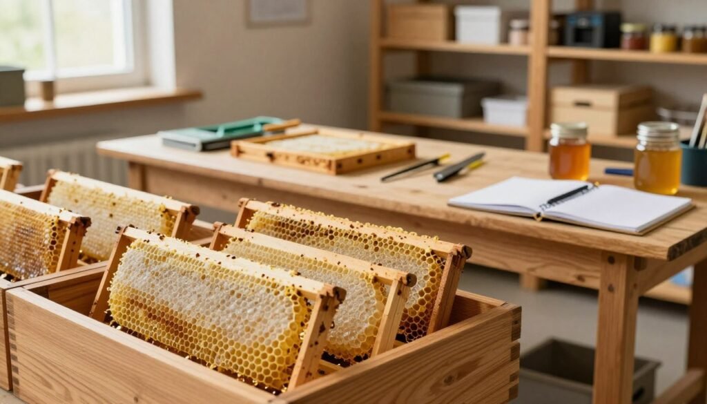 A well-organized beekeeping workshop featuring drawn comb storage. In the foreground, a wooden storage rack neatly displays several frames of drawn comb, showcasing their delicate wax cells. Each frame is positioned for visibility, with some partially pulled out to emphasize accessibility. In the middle, a sturdy workbench holds beekeeping tools and spare frames, with a jar of honey and a notebook for annotations. The background is filled with light-colored wooden shelves stacked with boxes of beekeeping equipment, surrounded by soft, warm lighting that creates a welcoming atmosphere. A window lets in natural light, highlighting the textures of the comb and wood. The scene conveys a sense of order and professionalism, ideal for beekeeping enthusiasts.