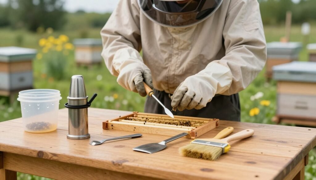 A well-organized beekeeping workspace featuring essential hive tools, such as a smoker, hive tool, and brush, arranged on a wooden table in the foreground. The tools should be clean and sterilized, with visible droplets of bleach or flames in an adjacent container, symbolizing safety in sterilization methods. In the middle ground, a beekeeper in modest casual attire, wearing gloves and protective goggles, demonstrates the safe handling of tools while clearly adhering to safety precautions. The background should show a buzzing apiary, with beehives and flowers, under soft, natural lighting that creates a calm and focused atmosphere. Angled for a slight depth of field to emphasize the tools and beekeeper, the image captures the importance of safety in beekeeping practices.