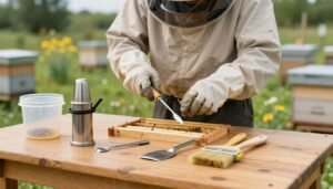 A well-organized beekeeping workspace featuring essential hive tools, such as a smoker, hive tool, and brush, arranged on a