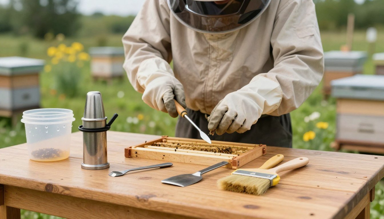A well-organized beekeeping workspace featuring essential hive tools, such as a smoker, hive tool, and brush, arranged on a