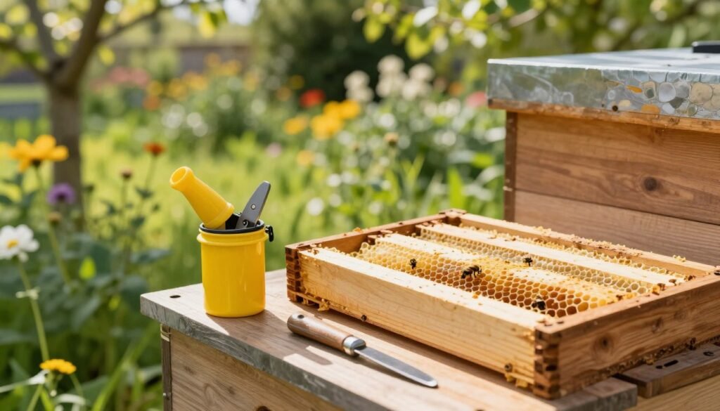 A well-organized beekeeping workspace featuring essential tools for success. In the foreground, display a sturdy wooden beehive, with honey-filled frames partially removed for inspection. Include a bright yellow smoker, an uncapping knife, and a hive tool resting on a wooden surface, emphasizing their importance. The middle ground should showcase a blurred background of lush green gardens and blooming flowers, creating a vibrant and inviting atmosphere for the bees. Soft sunlight filters through trees, casting gentle shadows that enhance the scene's warmth and tranquility. The camera angle is slightly tilted to capture the depth of the workspace, focusing on the tools while ensuring a professional and peaceful mood that reflects the diligence of beekeeping. A well-organized beekeeping workspace featuring essential tools for success. In the foreground, display a sturdy wooden beehive, with honey-filled frames partially removed for inspection. Include a bright yellow smoker, an uncapping knife, and a hive tool resting on a wooden surface, emphasizing their importance. The middle ground should showcase a blurred background of lush green gardens and blooming flowers, creating a vibrant and inviting atmosphere for the bees. Soft sunlight filters through trees, casting gentle shadows that enhance the scene's warmth and tranquility. The camera angle is slightly tilted to capture the depth of the workspace, focusing on the tools while ensuring a professional and peaceful mood that reflects the diligence of beekeeping.