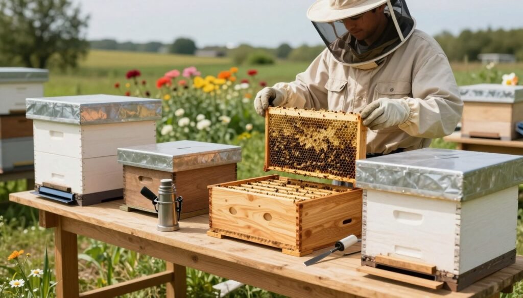 A well-organized beekeeping workspace, showcasing a variety of beekeeping equipment and woodenware. In the foreground, a wooden workbench is adorned with neatly arranged, clean bee boxes, frames, and tools such as a smoker and hive tool, all highlighting the importance of cleanliness and maintenance. In the middle, a beekeeper in modest casual clothing meticulously inspects and organizes the equipment, embodying professionalism and care. The background features a sunny apiary with vibrant flowers and a clear sky, providing a serene yet diligent atmosphere. Soft, natural lighting illuminates the scene, enhancing the colors of the woodenware and reflecting the importance of proper equipment management. The overall mood is one of safety, responsibility, and dedication to biosecurity.