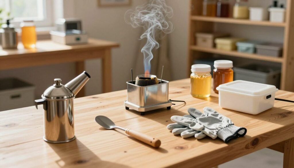 A well-organized beekeeping workspace, showcasing an array of sterilized beekeeping tools meticulously arranged on a clean wooden table. In the foreground, a stainless steel smoker gleams under warm, soft lighting, alongside a wooden hive tool and protective gloves, all reflecting a sense of readiness for deep cleaning. Moving to the middle ground, a flame sterilizer emits a gentle plume of smoke, highlighting its practical use in maintaining tool hygiene. The background reveals a cozy, sunlit workshop filled with shelves of equipment, including jars of wax and honey, emphasizing the artisanal aspect of beekeeping. The atmosphere is serene and professional, evoking a strong sense of dedication and care in preparing for the cleaning process. The image is captured from a slightly elevated angle, providing a comprehensive view of the setup.