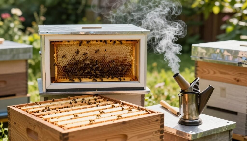 A well-organized beekeeping workspace showcasing essential hive equipment for a nuc transfer. In the foreground, include a wooden beehive with frames partially removed, displaying bees in action. Next to it, place a smoker and a hive tool; the smoker should be gently puffing smoke, adding a dynamic element. In the middle ground, add a closed observation window revealing a neatly arranged nuc box filled with bees and honeycomb, reflecting the careful preparation for transfer. In the background, depict a calm, sunlit garden with flowering plants, enhancing the natural atmosphere. The lighting should be bright and warm, creating an inviting ambiance, while focusing on a slight depth of field to keep the equipment sharp and detailed. The overall mood should be one of tranquility and readiness for beginner beekeepers.