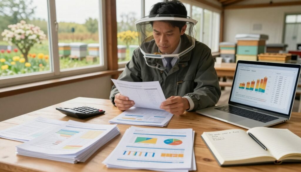 A well-organized desk scene showcasing financial records for beekeeping. In the foreground, a neatly arranged pile of spreadsheets and a laptop displaying colorful graphs and charts about honey production and labor costs. A calculator lies next to a notebook filled with notes on hive management. In the middle, a beekeeper dressed in professional business attire, thoughtfully analyzing the records, with a focused expression. Behind them, large windows letting in warm, natural light, illuminating a rustic apiary visible in the background, with hives surrounded by blooming flowers. The atmosphere is calm and productive, emphasizing the importance of meticulous financial oversight in maintaining a small apiary. The image conveys a sense of organization and professionalism, ideal for illustrating streamlined financial management in beekeeping. A well-organized desk scene showcasing financial records for beekeeping. In the foreground, a neatly arranged pile of spreadsheets and a laptop displaying colorful graphs and charts about honey production and labor costs. A calculator lies next to a notebook filled with notes on hive management. In the middle, a beekeeper dressed in professional business attire, thoughtfully analyzing the records, with a focused expression. Behind them, large windows letting in warm, natural light, illuminating a rustic apiary visible in the background, with hives surrounded by blooming flowers. The atmosphere is calm and productive, emphasizing the importance of meticulous financial oversight in maintaining a small apiary. The image conveys a sense of organization and professionalism, ideal for illustrating streamlined financial management in beekeeping.