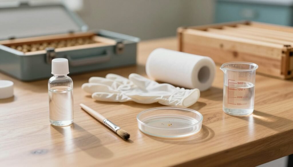 A well-organized display of alcohol wash supplies for varroa mite testing, arranged on a wooden table. Foreground features include a clear vial filled with rubbing alcohol, a small paintbrush for mite collection, a petri dish, and a graduated cylinder, all neatly positioned. In the middle, a pair of white gloves and a roll of gauze suggest cleanliness and safety. The background is softly blurred with a hive inspection toolkit, hinting at the larger context without distraction. Soft, natural lighting casts gentle shadows, enhancing the clarity of the supplies. The atmosphere is professional and focused, conveying a sense of precision in apiculture practices.