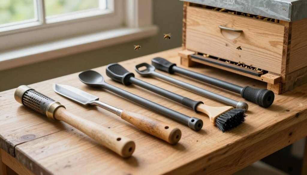 A well-organized display of essential beekeeping tools on a wooden workbench, emphasizing heavy hive management. In the foreground, a sturdy hive tool, a smoker, and a bee brush are placed prominently, reflecting their importance for hive handling. In the middle, various hive handles are arranged, showcasing different types like strap handles and lift bars, crafted from durable materials. The background features a wooden beehive partially open, with bees gently buzzing around, illustrating an active hive environment. Soft, natural lighting filters through a nearby window, casting gentle shadows and creating an inviting atmosphere. The image captures the essence of skilled beekeeping, evoking a sense of dedication and harmony with nature.