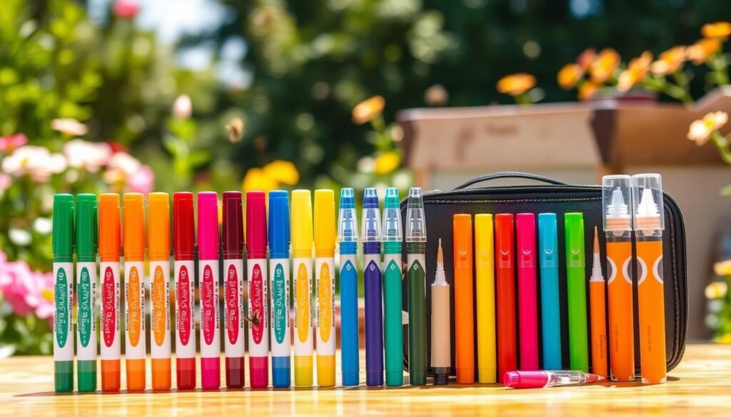 A well-organized display of top-rated marking kits for beekeepers, placed prominently in the foreground. The kits should include a variety of vividly colored marking pens, each in different shades for easy identification, as well as clean, ergonomic applicators and a sleek, well-designed carrying case. In the middle ground, a set of bees and a hive box can be subtly included, hinting at the use of the pens. The background features a bright, sunlit garden with blooming flowers, creating a cheerful atmosphere. Soft, natural lighting enhances the colors and details of the marking kits. The image should be captured at a slight angle, emphasizing the tools while maintaining a sense of harmony and professionalism in the setting. A well-organized display of top-rated marking kits for beekeepers, placed prominently in the foreground. The kits should include a variety of vividly colored marking pens, each in different shades for easy identification, as well as clean, ergonomic applicators and a sleek, well-designed carrying case. In the middle ground, a set of bees and a hive box can be subtly included, hinting at the use of the pens. The background features a bright, sunlit garden with blooming flowers, creating a cheerful atmosphere. Soft, natural lighting enhances the colors and details of the marking kits. The image should be captured at a slight angle, emphasizing the tools while maintaining a sense of harmony and professionalism in the setting.
