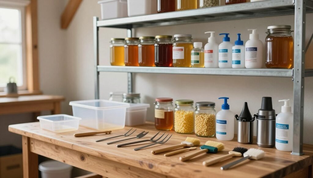 A well-organized equipment storage area dedicated to beekeeping tools, showcasing a clean and efficient space. In the foreground, a sturdy wooden workbench, meticulously arranged with sanitized beekeeping tools such as hive forks, smokers, and brushes. In the middle, metal shelves neatly display glass jars of honey, wax, and various sterilization supplies, reflecting a commitment to hygiene. The background reveals a soft-lit room with natural wooden beams and gentle sunlight filtering through a window, creating an inviting atmosphere. The scene is framed with a shallow depth of field, highlighting the organized tools while softly blurring the background to draw attention to the importance of maintaining clean storage for beekeeping equipment.