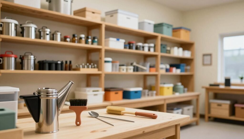 A well-organized equipment storage area featuring various sanitized smoker and hive tools displayed on shelves. In the foreground, clearly visible are a polished metal smoker, a bee brush, and a hive tool, all meticulously arranged and shining under soft, warm lighting. The middle section hosts sturdy wooden shelves filled with various beekeeping equipment in neat rows. The background shows a clean, brightly lit workshop with light-colored walls, emphasizing a sense of order and professionalism. The atmosphere is calm and inviting, promoting a sense of best practices in equipment storage and inspection. The lens is set for a slightly elevated angle, capturing the layout effectively without any distractions. No people are present in the image.