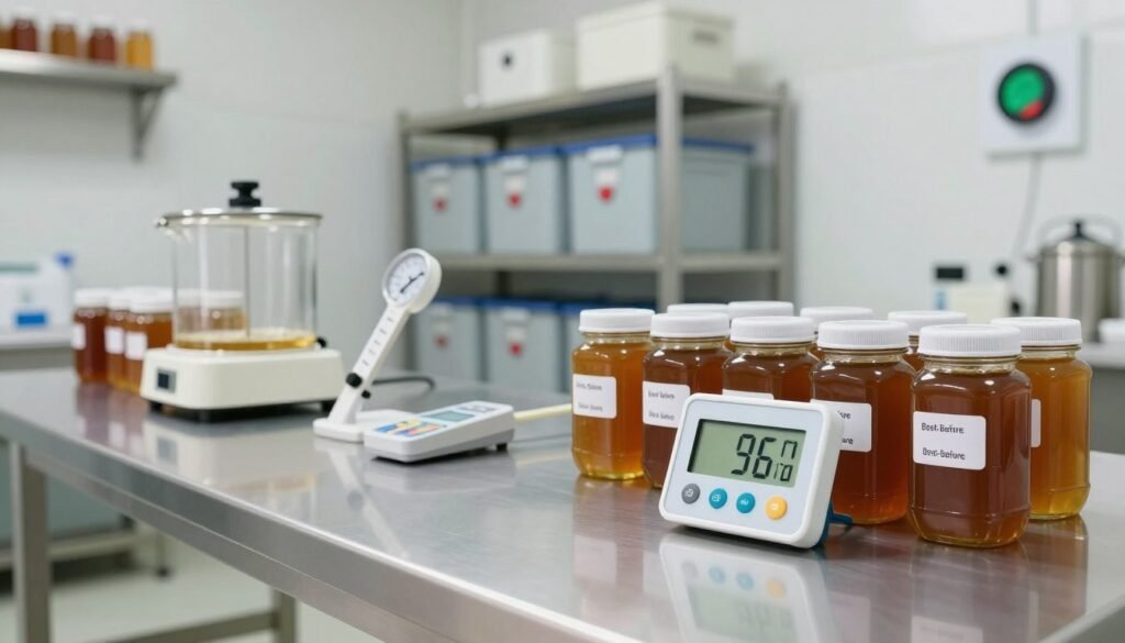 A well-organized fermentation room setting focused on temperature and storage hygiene. In the foreground, a digital thermometer with a clear display shows an ideal temperature for honey storage. Beside it, neatly arranged jars of honey, each labeled with best-before dates, reflect careful inventory management. In the middle ground, a clean, polished worktable features sterilized equipment, such as a hydrometer and pH meter, highlighting the importance of hygiene. The background shows shelves with climate-controlled storage units, equipped with visible temperature regulators, and clean, well-lit walls that suggest a sterile environment. Soft, natural lighting enhances the sense of cleanliness and professionalism, while a slight depth of field draws attention to the foreground details, evoking a serene and organized atmosphere.