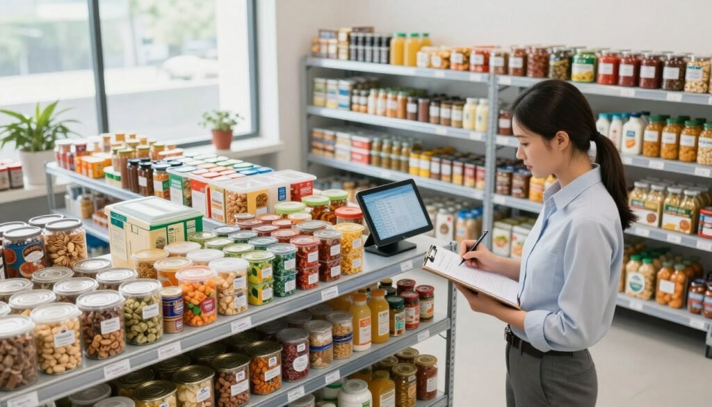 A well-organized food storage area in a modern facility, showcasing neatly labeled containers filled with various food supplies. In the foreground, a focused professional in business attire inspects a shelf stocked with canned goods and dry goods, using a clipboard to take notes. The middle ground features rows of colorful, neatly arranged food items, along with a digital inventory summary tablet on the side. In the background, large windows let in natural light, highlighting the cleanliness and organization of the space. The atmosphere is calm and efficient, conveying a sense of preparedness and careful monitoring. Capture the scene from a slightly elevated angle to provide a comprehensive view of the food storage and the individual inspecting it.