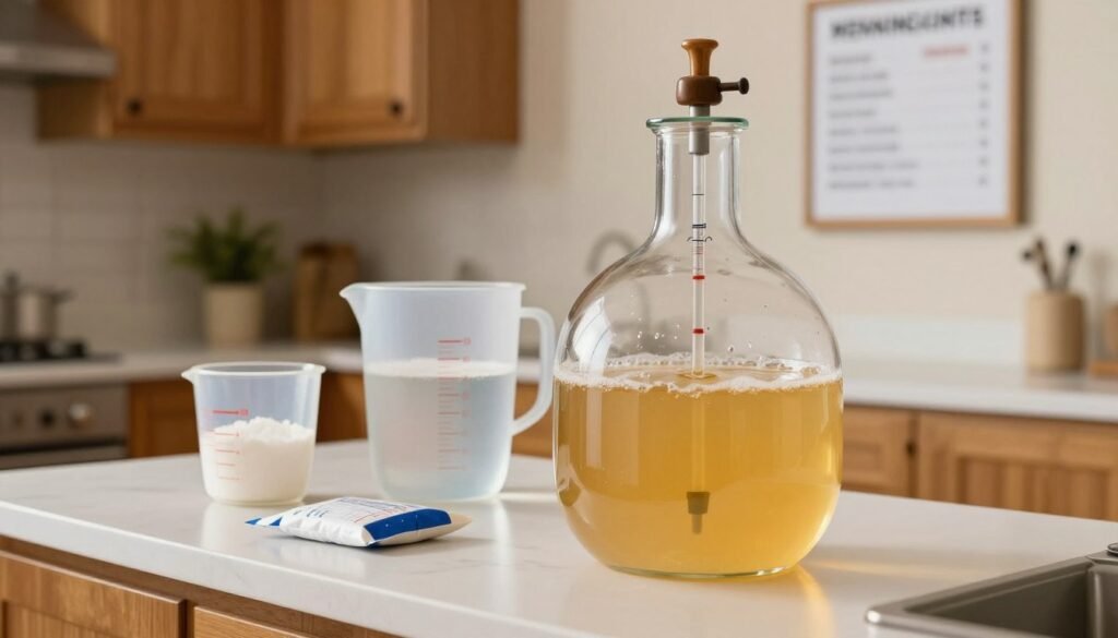 A well-organized home brewing setup for a beginner preparing a sugar wash for alcohol production. In the foreground, display essential equipment such as a large, transparent fermentation vessel filled with a golden-yellow sugar wash, an airlock on top, and a hydrometer floating nearby. In the middle, include a clean countertop with measuring cups, a packet of yeast, and a water jug. The background should feature a kitchen environment with soft, warm lighting, highlighting wooden cabinets and a wall-mounted recipe board. Use a close-up angle to create an inviting, informative mood, emphasizing the ease of the process and the essential nature of the equipment. The atmosphere should feel cozy and educational, perfect for novices in home brewing. A well-organized home brewing setup for a beginner preparing a sugar wash for alcohol production. In the foreground, display essential equipment such as a large, transparent fermentation vessel filled with a golden-yellow sugar wash, an airlock on top, and a hydrometer floating nearby. In the middle, include a clean countertop with measuring cups, a packet of yeast, and a water jug. The background should feature a kitchen environment with soft, warm lighting, highlighting wooden cabinets and a wall-mounted recipe board. Use a close-up angle to create an inviting, informative mood, emphasizing the ease of the process and the essential nature of the equipment. The atmosphere should feel cozy and educational, perfect for novices in home brewing.
