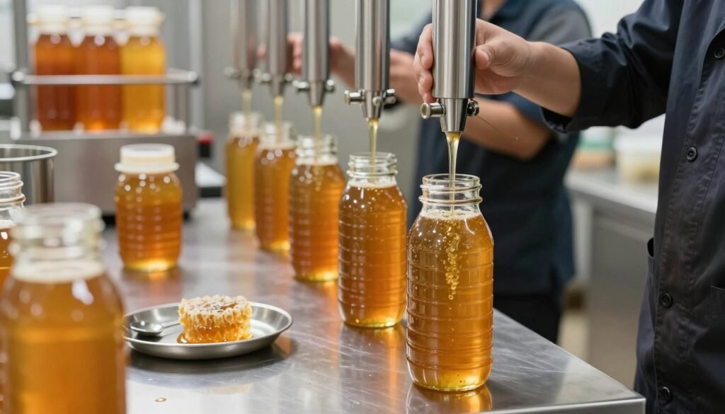 A well-organized honey bottling workflow scene, focused on an industrial kitchen where bottles are being filled with golden, viscous honey. In the foreground, showcase a clear glass honey bottle with a shiny metallic spout, filling with honey, while a worker in professional business attire carefully monitors the process, ensuring precision. The middle layer should feature honey in various stages of bottling, including dripping honeycomb, with a clean stainless-steel counter and tools neatly arranged. In the background, include soft-focus images of honey extraction equipment, glowing under warm, soft lighting. The atmosphere conveys a sense of efficiency and professionalism, highlighting the intricate process of minimizing air bubbles and refining workflow in honey bottling. A well-organized honey bottling workflow scene, focused on an industrial kitchen where bottles are being filled with golden, viscous honey. In the foreground, showcase a clear glass honey bottle with a shiny metallic spout, filling with honey, while a worker in professional business attire carefully monitors the process, ensuring precision. The middle layer should feature honey in various stages of bottling, including dripping honeycomb, with a clean stainless-steel counter and tools neatly arranged. In the background, include soft-focus images of honey extraction equipment, glowing under warm, soft lighting. The atmosphere conveys a sense of efficiency and professionalism, highlighting the intricate process of minimizing air bubbles and refining workflow in honey bottling.