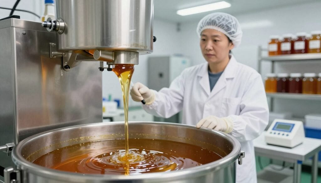 A well-organized honey filtration setup in a commercial honey house. In the foreground, showcase a close-up of a sleek stainless-steel filtration unit with honey flowing through it, highlighting the clarity of the liquid as impurities are filtered out. In the middle ground, include a professional wearing a white lab coat and gloves, carefully monitoring the filtration process, with equipment like a refractometer on a nearby table. The background features shelves with jars of filtered honey and lab equipment, softly lit by bright fluorescent lights, creating a clean and sterile atmosphere. The overall mood should convey precision and professionalism, emphasizing the importance of quality control in honey production.