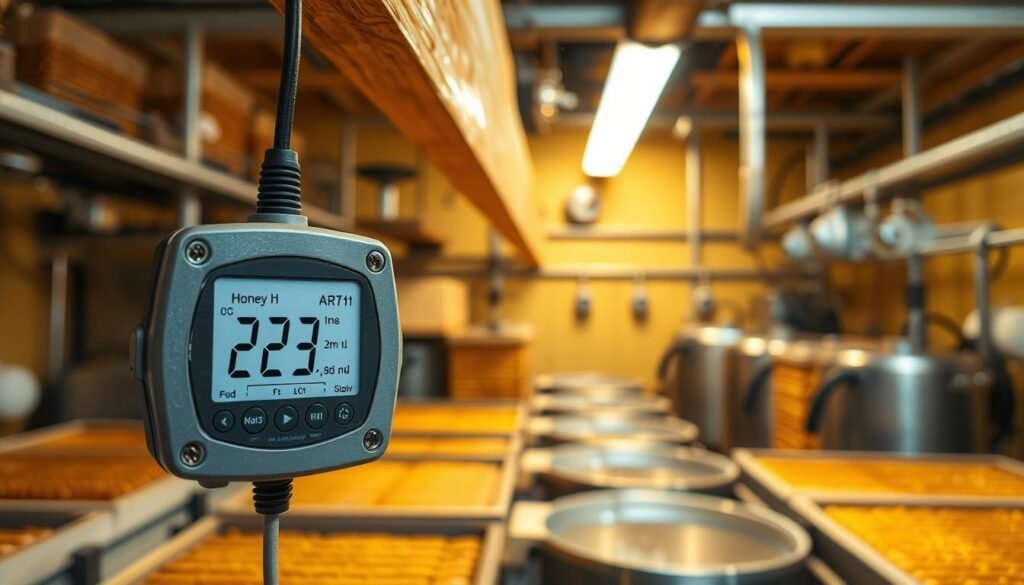 A well-organized honey processing room with strategically placed humidity sensors on various surfaces. In the foreground, a close-up view of a digital humidity sensor attached to a wooden beam, displaying precise humidity readings. The middle ground showcases several other sensors mounted on walls and equipment, all positioned at optimal heights to capture accurate data. The background reveals honey extraction equipment, illuminated by soft, warm light, creating a cozy and industrious atmosphere. Use a wide-angle lens to encompass the entire room, highlighting the importance of sensor placement for humidity monitoring. The overall mood is professional and thoughtful, emphasizing accuracy and efficiency in moisture control essential for honey quality.