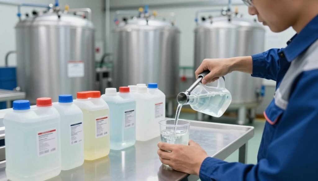 A well-organized industrial setting focused on best practices for refilling reservoirs, featuring a skilled technician in professional attire carefully pouring a clean fluid into a reservoir. In the foreground, the technician's hands hold a precision measuring tool, ensuring exact volume. The middle layer shows a variety of refill equipment neatly arranged on a clean workbench, with reflective surfaces displaying clear, labeled containers of different fluids. In the background, large, well-maintained reservoirs sit under bright, even lighting that highlights their clean and organized surroundings, enhancing the sense of professionalism and safety. The atmosphere is focused and efficient, with an emphasis on precision and best practices in an industrial environment.