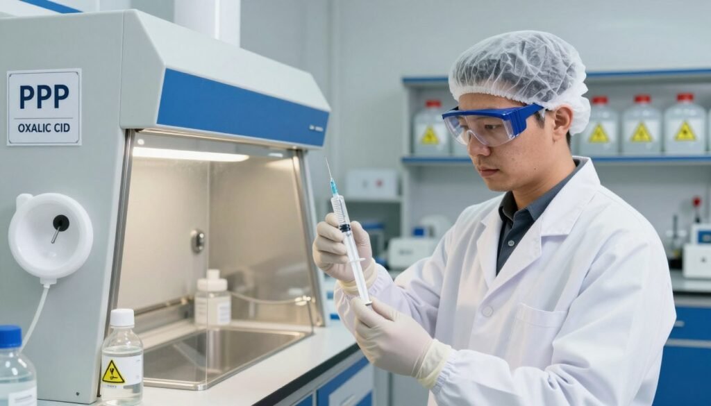 A well-organized lab setting dedicated to safety protocols for oxalic acid treatment. In the foreground, a professional individual in a lab coat and safety goggles carefully handles a syringe filled with oxalic acid, while wearing gloves. The middle ground features safety equipment including a fume hood, eye wash station, and PPE signage. In the background, shelves are lined with clear containers labeled with hazard symbols. Bright, clinical lighting emphasizes cleanliness and safety, casting precise shadows that define the space. The camera angle is slightly above eye level, creating a sense of authority and professionalism. The mood is focused and serious, underscoring the importance of adhering to safety protocols in chemical handling. A well-organized lab setting dedicated to safety protocols for oxalic acid treatment. In the foreground, a professional individual in a lab coat and safety goggles carefully handles a syringe filled with oxalic acid, while wearing gloves. The middle ground features safety equipment including a fume hood, eye wash station, and PPE signage. In the background, shelves are lined with clear containers labeled with hazard symbols. Bright, clinical lighting emphasizes cleanliness and safety, casting precise shadows that define the space. The camera angle is slightly above eye level, creating a sense of authority and professionalism. The mood is focused and serious, underscoring the importance of adhering to safety protocols in chemical handling.