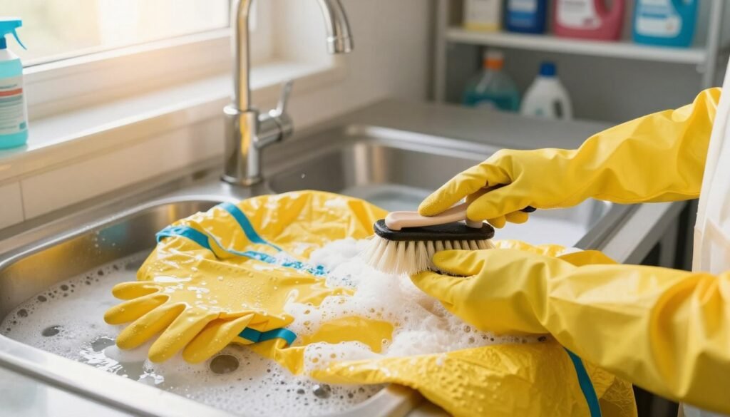 A well-organized laundry room setting focused on cleaning protective clothing, featuring a neatly arranged pile of yellow bee suits and gloves soaked in soapy water. In the foreground, a pair of gloved hands gently scrubbing a brush with bristles, showcasing attention to detail in the cleaning process. The middle ground includes a spacious stainless steel sink filled with bubbles, while sunlight streams in from a nearby window, illuminating the scene with a warm, inviting glow. In the background, shelves filled with cleaning supplies such as detergents and disinfectants create an orderly atmosphere, suggesting best practices for hygiene. Capture the image from an angle that emphasizes the action, with a soft focus on the cleaning tools, conveying a sense of care and professionalism.