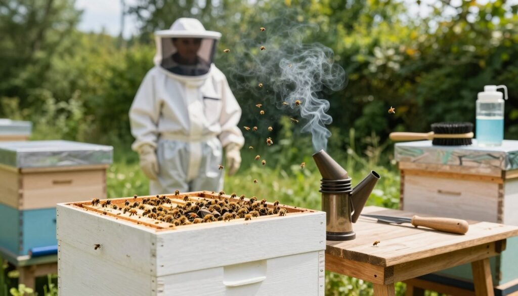 A well-organized quarantine yard for bees, featuring essential beekeeping equipment. In the foreground, display a clean, sturdy hive box, complete with a vibrant colony of bees buzzing around. Next to it, position a smoker with wisps of smoke gently rising, and a hive tool resting on a wooden workbench. In the middle ground, incorporate a protective bee suit hanging on a post, along with a bee brush and feeding equipment visibly arranged. The background shows lush green foliage under a bright, sunny sky, creating an inviting atmosphere. Use soft, natural lighting to enhance the details of the equipment and the gentle movement of the bees, captured with a slightly elevated angle to give a comprehensive view of the setup.