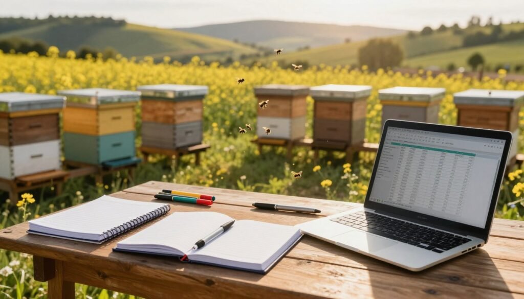 A well-organized record-keeping hive set in a sunlit outdoor apiary. In the foreground, a wooden table displays neatly arranged notebooks, colored pens, and a laptop open to a spreadsheet, reflecting the meticulous data collection process. In the middle, several hives stand in a semi-circle, showcasing their wooden structure, with bees buzzing around, symbolizing activity and productivity. In the background, rolling hills and blooming wildflowers create a vibrant natural setting, enhancing the atmosphere of growth and responsibility. The scene is bathed in warm, golden light, suggesting a sunny afternoon. The perspective is slightly elevated, capturing the harmony between the record-keeping tools and the buzzing hives, conveying a sense of professionalism and dedication to effective data management in beekeeping.