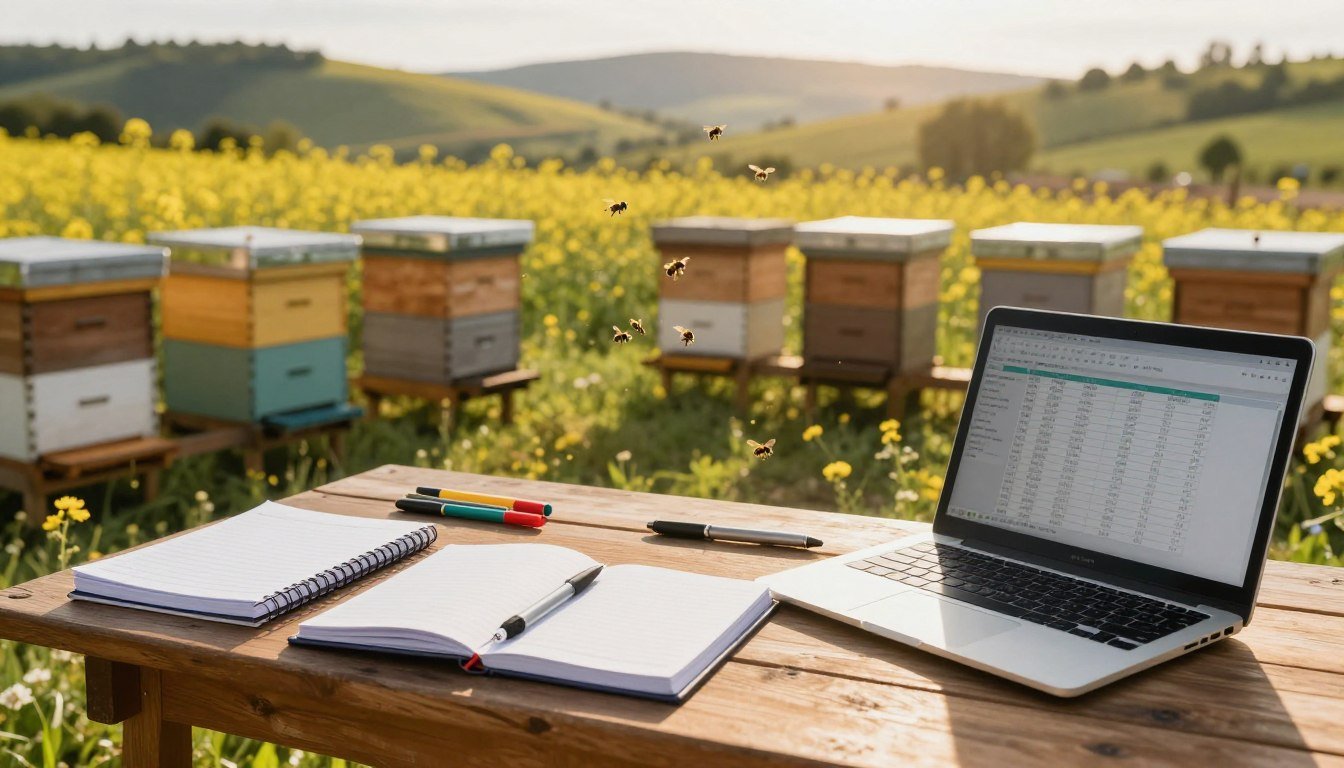 A well-organized apiary with clearly identifiable hives, the kind of setup that makes initial digital record-keeping app setup straightforward