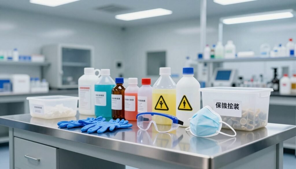 A well-organized safety setup for handling contaminated frames, featuring a sturdy stainless steel workbench in the foreground. On the bench, there are chemical-resistant gloves, eye protection goggles, a face mask, and various labeled containers for safe disposal of hazardous materials. In the middle, a set of colorful, well-organized chemical bottles with tight-sealing caps, alongside warning signs depicting safety symbols. The background features a clean, sterile laboratory environment with bright overhead LED lighting, enhancing the sense of professionalism and safety. The image captures a mood of caution and preparedness, ideal for a safety-focused atmosphere, with no people depicted, just the equipment in a carefully arranged setting.
