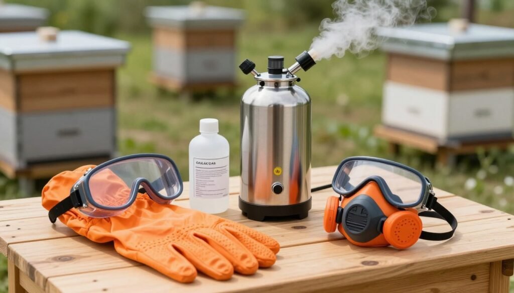 A well-organized safety setup for using an oxalic acid vaporizer in a beekeeping context. In the foreground, a pair of bright orange personal protective equipment (PPE) items: gloves, goggles, and a respiratory mask, clearly displayed on a wooden table. In the middle, a stainless steel oxalic acid vaporizer, showcasing its sleek design and safety features, rests beside a bottle of oxalic acid with a warning label, all set against a soft-focus backdrop of a well-maintained apiary with hives. The lighting is bright and natural, illuminating the safety gear, highlighting the importance of protection in beekeeping. The atmosphere conveys a sense of professionalism and caution, emphasizing the safety protocols necessary for handling oxalic acid. A well-organized safety setup for using an oxalic acid vaporizer in a beekeeping context. In the foreground, a pair of bright orange personal protective equipment (PPE) items: gloves, goggles, and a respiratory mask, clearly displayed on a wooden table. In the middle, a stainless steel oxalic acid vaporizer, showcasing its sleek design and safety features, rests beside a bottle of oxalic acid with a warning label, all set against a soft-focus backdrop of a well-maintained apiary with hives. The lighting is bright and natural, illuminating the safety gear, highlighting the importance of protection in beekeeping. The atmosphere conveys a sense of professionalism and caution, emphasizing the safety protocols necessary for handling oxalic acid.