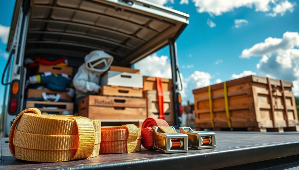 A well-organized scene showcasing various shipping equipment essential for transporting beekeeping supplies. In the foreground, prominently feature a set of durable ratchet straps in bright colors, neatly coiled and ready for use, alongside sturdy crates filled with beekeeping gear such as hive boxes and protective suits. The middle ground displays a secure, open truck bed, showing how the equipment is arranged for optimal safety during transport, with straps visibly securing the cargo. In the background, depict a clear blue sky with fluffy clouds, hinting at a sunny day, enhancing a sense of reliability and calm. Use natural lighting to highlight the textures of the materials, with a slightly elevated angle to capture the full layout. The overall mood should be practical and focused, conveying a sense of readiness and professionalism for shipping beekeeping equipment.