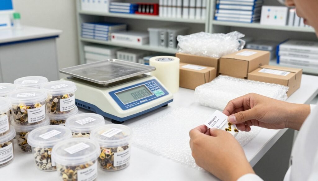 A well-organized shipping area showcasing protocols for safely sending bee samples. In the foreground, neatly packed sample containers labeled for identification, with bubble wrap and insulation materials to ensure protection. The middle ground features a postal scale and packing supplies, including boxes and tape, arranged systematically. In the background, shelves filled with labeling equipment and guidelines, illuminated by bright, soft overhead lighting for clarity. A close-up angle captures the meticulousness of the packaging process, emphasizing professionalism and precision. The atmosphere is focused and efficient, highlighting a commitment to ensuring safe delivery. The setting is clean, orderly, and devoid of any distractions or clutter, reinforcing a professional environment related to laboratory shipping protocols.