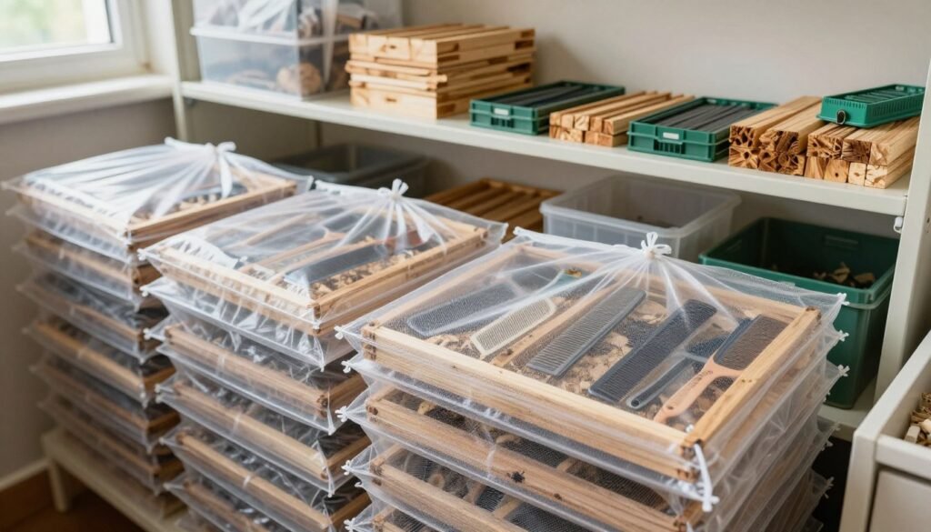 A well-organized storage area for combs, showcasing a variety of protective measures against rodents and insects. In the foreground, neatly stacked frames covered with transparent, breathable mesh bags, highlighting their safe storage. In the middle ground, shelves stocked with additional supplies like cedar blocks and insect traps, emphasizing precautionary techniques. The background features a clean, well-lit room with natural light filtering through a window, casting soft shadows that create a warm atmosphere. The scene conveys a sense of care and diligence in protecting valuable beekeeping assets, with an overall mood of safety and organization. The image is composed from a slightly elevated angle to capture the entire setup, promoting clarity and focus on the protective methods employed.