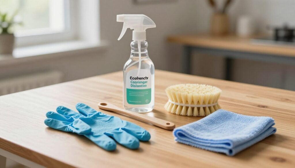 A well-organized tabletop display of essential supplies for sanitizing gear, including a bottle of eco-friendly disinfectant spray, a pair of gloves, a soft brush, and a microfiber cloth. The items are arranged neatly on a wooden surface, with a blurred background of a bright and airy workspace. Soft, natural light streams in from a nearby window, creating gentle highlights on the surfaces. The image is captured from a slightly elevated angle to showcase the details of each item clearly, evoking a sense of cleanliness and professionalism. The overall mood is calm and focused, emphasizing the importance of maintaining hygiene in beekeeping tools.