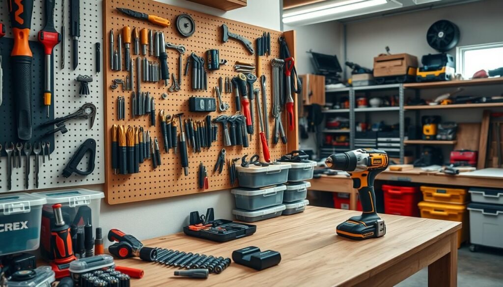 A well-organized tool storage solution in a workshop setting, featuring a wall-mounted pegboard filled with various drill bits, toolboxes, and a cordless drill prominently displayed. In the foreground, a sturdy wooden workbench is adorned with an assortment of neatly arranged tools and bits of different sizes and colors. The middle ground showcases labeled storage containers for easy access, while the background reveals a well-lit workshop with shelves filled with more tools and equipment, creating an inviting atmosphere. Natural light filters in through a window, casting soft shadows that add depth. Emphasize a sense of order and efficiency, suitable for a professional or DIY enthusiast, all captured with a slightly angled perspective to highlight the storage design.