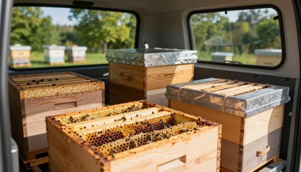 A well-organized vehicle interior filled with securely packed beehive frames, showcasing various sizes of wooden hive boxes neatly arranged and strapped down. In the foreground, close-up detail of the frames with honeycomb cells and bees, emphasizing proper storage techniques. The middle ground features a sturdy vehicle, like a truck, with side windows open, revealing calm sunlight filtering through, creating an inviting atmosphere. The background includes a blurry outdoor apiary, with lush green trees and blue skies, hinting at the safe transportation process. Soft, natural lighting enhances the warm tones of the wooden frames, conveying a sense of care and safety in moving bees. The focus is sharp, capturing the intricacies of the frames while the rest remains softly blurred, creating depth.