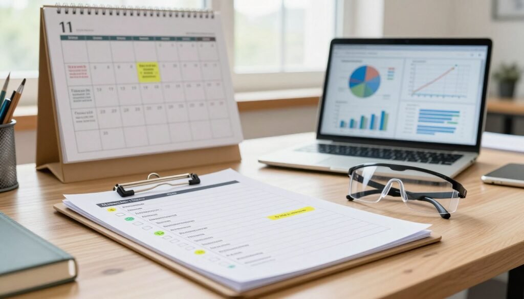 A well-organized, visually appealing office desk set in a bright, airy workspace. In the foreground, a detailed close-up of a neatly arranged monitoring schedule on a clipboard, featuring bullet points, checkboxes, and colorful stickers indicating tasks and deadlines. In the middle ground, a calendar on the wall displays important dates with reminders for maintenance and inspections. A laptop with analytical graphs and charts is open, and a pair of safety glasses rests next to the clipboard, symbolizing careful observation. In the background, soft natural light floods the room through large windows, creating a warm, focused atmosphere. The overall mood is professional and proactive, conveying the importance of regular monitoring and maintenance in beekeeping.