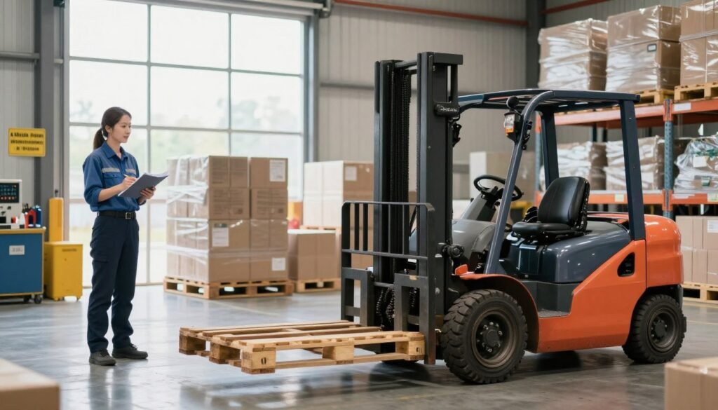 A well-organized warehouse scene, focused on material handling processes. In the foreground, a forklift is lifting a stack of pallets, showcasing the efficiency of mechanized transport. On the left, a worker dressed in professional business attire inspects maintenance logs, symbolizing the importance of upkeep. In the middle, an open area displays boxes and crates awaiting shipment, illustrating the dynamic environment of material management. The background features a large window letting in natural light, creating a bright, productive atmosphere. Use a wide-angle lens for a comprehensive view, highlighting details like safety signs and equipment maintenance tools. The overall mood should be focused and professional, emphasizing the balance between forklift efficiency and manual loading methods.