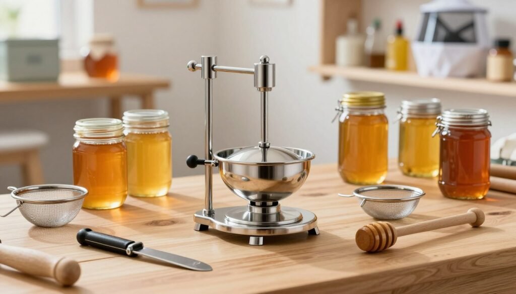 A well-organized workbench showcasing a variety of honey extractor tools. In the foreground, prominently display a manual honey extractor with a gleaming stainless steel finish, surrounded by essential accessories like uncapping knives, strainers, and a honey pump, all meticulously arranged. The middle ground features a warm wooden surface, with jars of golden honey reflecting the light, enhancing the quality aspect of equipment. The background is softly blurred, showcasing shelves with beekeeping essentials like protective suits and smoker tools, in a bright, naturally lit environment that evokes a productive atmosphere. Capture this scene from a slightly elevated angle to highlight the collection while maintaining a clean, professional look, ensuring no text or branding is visible. A well-organized workbench showcasing a variety of honey extractor tools. In the foreground, prominently display a manual honey extractor with a gleaming stainless steel finish, surrounded by essential accessories like uncapping knives, strainers, and a honey pump, all meticulously arranged. The middle ground features a warm wooden surface, with jars of golden honey reflecting the light, enhancing the quality aspect of equipment. The background is softly blurred, showcasing shelves with beekeeping essentials like protective suits and smoker tools, in a bright, naturally lit environment that evokes a productive atmosphere. Capture this scene from a slightly elevated angle to highlight the collection while maintaining a clean, professional look, ensuring no text or branding is visible.