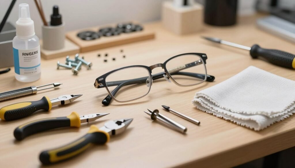 A well-organized workbench showcasing essential tools for eyeglass maintenance, including a small screwdriver set, pliers, a lens cleaner, and a microfiber cloth. In the foreground, the tools are neatly arranged with a focus on their details like the shiny metal and textured grips. The middle ground features a pair of broken eyeglasses, highlighting the areas where frame ears and end bars need replacement, surrounded by organized screws and parts. The background is softly blurred, suggesting a well-lit workshop with warm lighting that conveys a sense of order and readiness for repair tasks. The overall atmosphere is professional and inviting, ideal for DIY eyeglass maintenance.