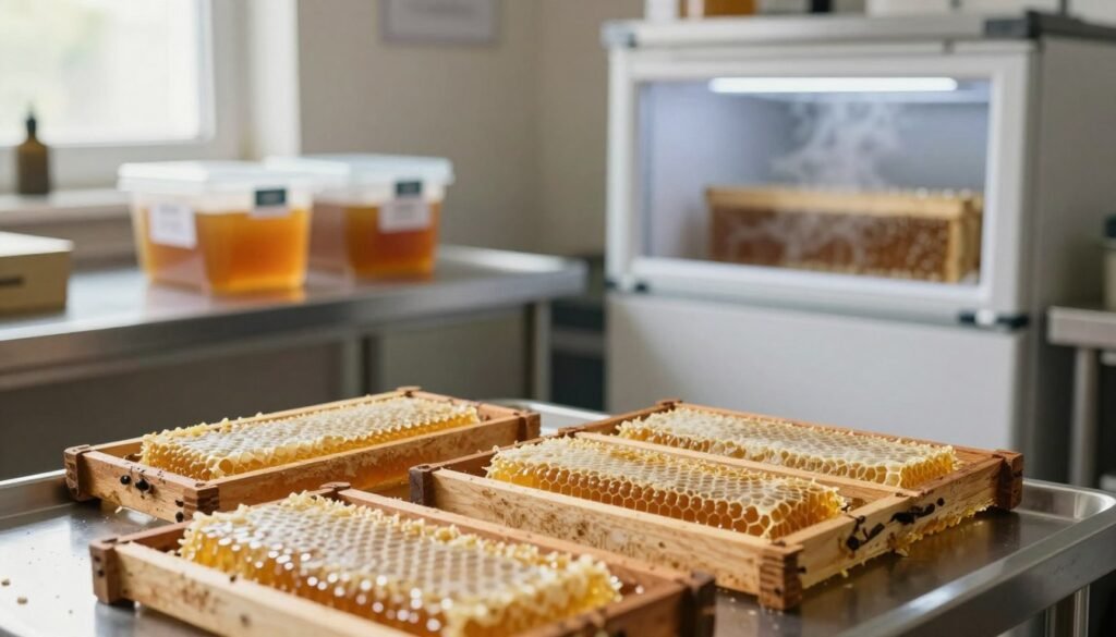 A well-organized workshop scene featuring several honey frames prepared for freezing, prominently displayed in the foreground. Each frame should be shown with beeswax combs filled with honey. The middle ground showcases a stainless steel workbench with a few storage containers labeled for the freezer. In the background, an open freezer can be seen, emphasizing the cooling process with icy air emanating from it. Soft, natural light filters in from a nearby window, creating a warm and inviting atmosphere. The composition should focus on the meticulous preparation of these frames, showcasing the essential steps involved. The overall mood is calm and industrious, reflecting the care taken in preserving the frames. A well-organized workshop scene featuring several honey frames prepared for freezing, prominently displayed in the foreground. Each frame should be shown with beeswax combs filled with honey. The middle ground showcases a stainless steel workbench with a few storage containers labeled for the freezer. In the background, an open freezer can be seen, emphasizing the cooling process with icy air emanating from it. Soft, natural light filters in from a nearby window, creating a warm and inviting atmosphere. The composition should focus on the meticulous preparation of these frames, showcasing the essential steps involved. The overall mood is calm and industrious, reflecting the care taken in preserving the frames.
