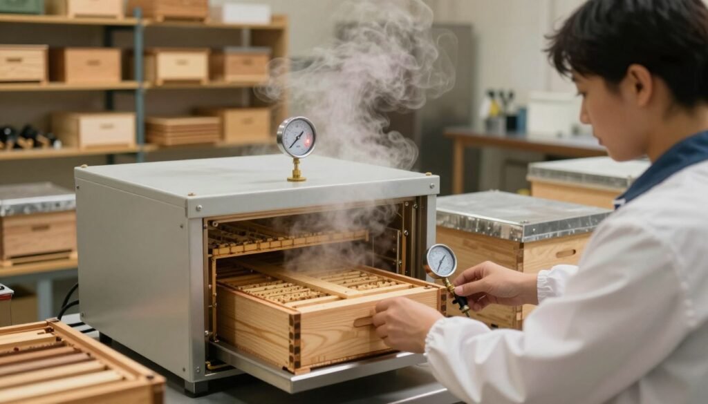 A well-organized workshop scene showcasing heat sterilization methods for wooden hives. In the foreground, a technician in professional attire adjusts a temperature gauge on a large heat sterilization chamber filled with wooden boxes and frames. The middle layer features the sterilization equipment, with steam rising and a glowing thermometer indicating high temperatures. The background includes shelves lined with neatly arranged sterilized woodenware and tools, bathed in warm, ambient lighting that suggests a clean and efficient workspace. The atmosphere is focused and industrious, emphasizing the importance of proper disinfection methods in beekeeping. The composition captures a sense of professionalism and diligence in maintaining hive health through effective sterilization techniques. A well-organized workshop scene showcasing heat sterilization methods for wooden hives. In the foreground, a technician in professional attire adjusts a temperature gauge on a large heat sterilization chamber filled with wooden boxes and frames. The middle layer features the sterilization equipment, with steam rising and a glowing thermometer indicating high temperatures. The background includes shelves lined with neatly arranged sterilized woodenware and tools, bathed in warm, ambient lighting that suggests a clean and efficient workspace. The atmosphere is focused and industrious, emphasizing the importance of proper disinfection methods in beekeeping. The composition captures a sense of professionalism and diligence in maintaining hive health through effective sterilization techniques.