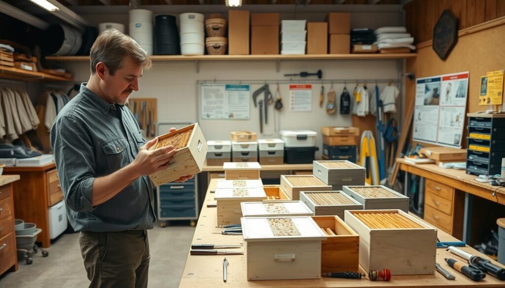 A well-organized workshop setting where an individual is carefully examining various NUC boxes to transport honeybees. In the foreground, a focused person in modest casual clothing holds a NUC box, inspecting its design and airflow features. The middle ground features multiple types of NUC boxes on a workbench, showcasing different sizes and materials, alongside tools for assembly and maintenance. The background is filled with shelves containing beekeeping supplies like protective gear, honey extraction tools, and informational charts about bee care. Bright, natural light illuminates the workspace, casting soft shadows, creating a warm and inviting atmosphere. The camera angle is slightly above eye level, providing a clear view of the entire scene while preserving an organized and professional ambiance. A well-organized workshop setting where an individual is carefully examining various NUC boxes to transport honeybees. In the foreground, a focused person in modest casual clothing holds a NUC box, inspecting its design and airflow features. The middle ground features multiple types of NUC boxes on a workbench, showcasing different sizes and materials, alongside tools for assembly and maintenance. The background is filled with shelves containing beekeeping supplies like protective gear, honey extraction tools, and informational charts about bee care. Bright, natural light illuminates the workspace, casting soft shadows, creating a warm and inviting atmosphere. The camera angle is slightly above eye level, providing a clear view of the entire scene while preserving an organized and professional ambiance.