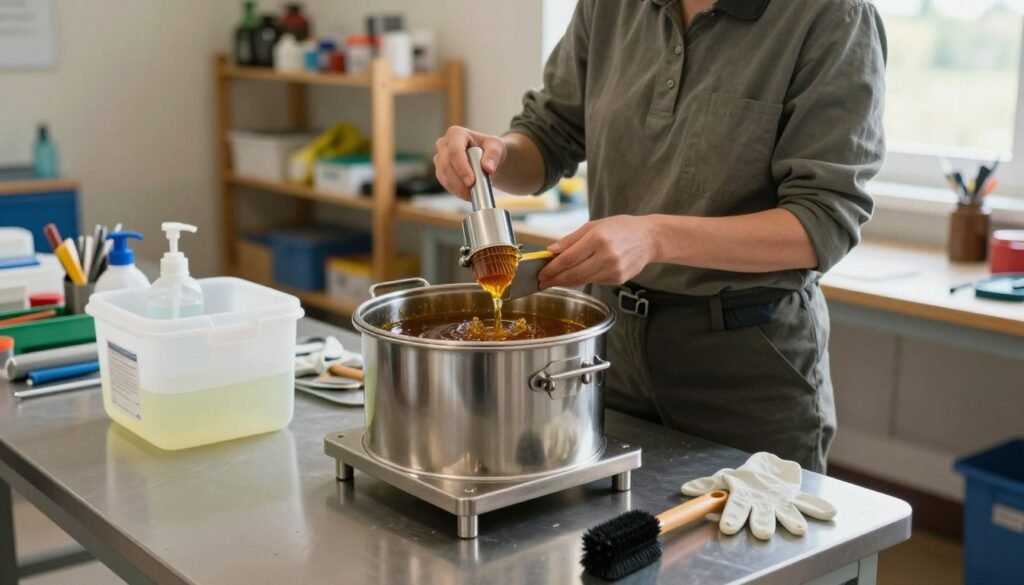 A well-organized workshop setting with a focus on sanitizing honey extractors. In the foreground, a stainless steel honey extractor is placed on a workbench, surrounded by cleaning supplies like a large container of sanitizing solution, gloves, and a brush. In the middle ground, an individual wearing modest, professional attire is carefully preparing the equipment, ensuring safety and cleanliness. The background features shelves stocked with beekeeping tools and supplies, softly lit by natural sunlight filtering through a window, creating an inviting atmosphere. The image should capture a sense of diligence and professionalism, highlighting the thorough preparation process essential for maintaining hygiene after dealing with sick colonies. Use a slightly elevated angle to provide a comprehensive view of the workspace and its components. A well-organized workshop setting with a focus on sanitizing honey extractors. In the foreground, a stainless steel honey extractor is placed on a workbench, surrounded by cleaning supplies like a large container of sanitizing solution, gloves, and a brush. In the middle ground, an individual wearing modest, professional attire is carefully preparing the equipment, ensuring safety and cleanliness. The background features shelves stocked with beekeeping tools and supplies, softly lit by natural sunlight filtering through a window, creating an inviting atmosphere. The image should capture a sense of diligence and professionalism, highlighting the thorough preparation process essential for maintaining hygiene after dealing with sick colonies. Use a slightly elevated angle to provide a comprehensive view of the workspace and its components.