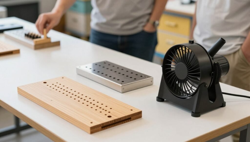 A well-organized workshop table showcasing a bee escape board, a fume board, and a blower, neatly arranged for a comparative overview. In the foreground, the bee escape board, made of wood and featuring small openings, is positioned next to the fume board, which is sleek and metallic with a series of holes. The blower, a compact device with a powerful fan, is displayed prominently. In the middle ground, soft, diffused light enhances the textures of the materials. To the background, a blurred beekeeping environment with hives creates context. The scene has an educational and professional atmosphere, inviting curiosity and analysis as workers in modest casual clothing discuss the tools in the background, emphasizing a collaborative workspace. The angle captures the layout from slightly above, highlighting all three tools clearly without distractions.