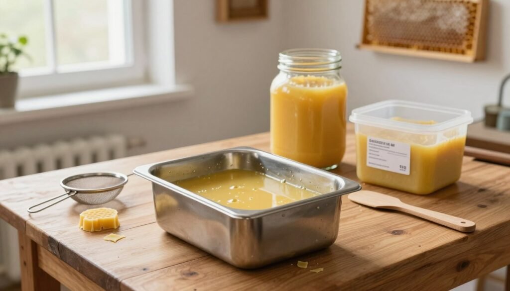 A well-organized workspace dedicated to beeswax rendering, featuring essential equipment. In the foreground, highlight a stainless steel double boiler with melted beeswax forming small bubbles, placed on a sturdy wooden table. Surrounding the boiler, include beeswax cappings and tools like a metal sieve and wooden spatula, capturing the essence of the rendering process. In the middle ground, a large glass jar filled with pure beeswax sits next to a clean, labeled container for the final product. The background shows a bright, airy workshop with natural light streaming in through a window and a few honeycomb frames hanging on the wall. The mood is industrious yet serene, evoking a sense of craftsmanship and meticulous care in the art of rendering wax.