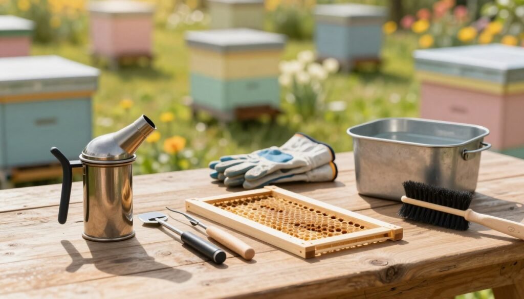 A well-organized workspace dedicated to smoker maintenance. In the foreground, an array of clean and well-maintained hive tools—smoker, hive frames, and a brush—aligned neatly on a rustic wooden table. In the middle ground, a pair of protective gloves and a metal container filled with water, indicating a preparation area for sanitizing. The background features a soft-focus image of a sunny outdoor apiary, with beehives in gentle hues of pastel colors surrounded by blooming flowers. The lighting is warm and natural, casting soft shadows and creating an inviting atmosphere. Capture a close-up angle to emphasize the tools and serene environment, evoking a sense of care and dedication to proper maintenance practices.