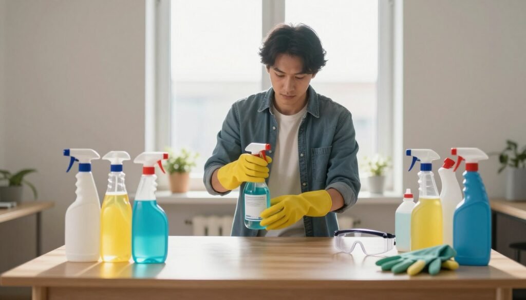 A well-organized workspace featuring a professional in modest casual clothing, demonstrating the safe handling of cleaning agents. In the foreground, a sturdy table displays various cleaning supplies like spray bottles, gloves, and safety goggles. The middle layer includes the individual, focused on using a labeled spray bottle while carefully wearing gloves, showcasing proper safety precautions. In the background, a sunny window illuminates the room, creating a bright and inviting atmosphere. Soft shadows enhance the depth, and the scene is framed using a wide-angle lens to capture the entire workspace. The mood is serious yet approachable, emphasizing the importance of safety when handling potentially hazardous cleaning agents. A well-organized workspace featuring a professional in modest casual clothing, demonstrating the safe handling of cleaning agents. In the foreground, a sturdy table displays various cleaning supplies like spray bottles, gloves, and safety goggles. The middle layer includes the individual, focused on using a labeled spray bottle while carefully wearing gloves, showcasing proper safety precautions. In the background, a sunny window illuminates the room, creating a bright and inviting atmosphere. Soft shadows enhance the depth, and the scene is framed using a wide-angle lens to capture the entire workspace. The mood is serious yet approachable, emphasizing the importance of safety when handling potentially hazardous cleaning agents.