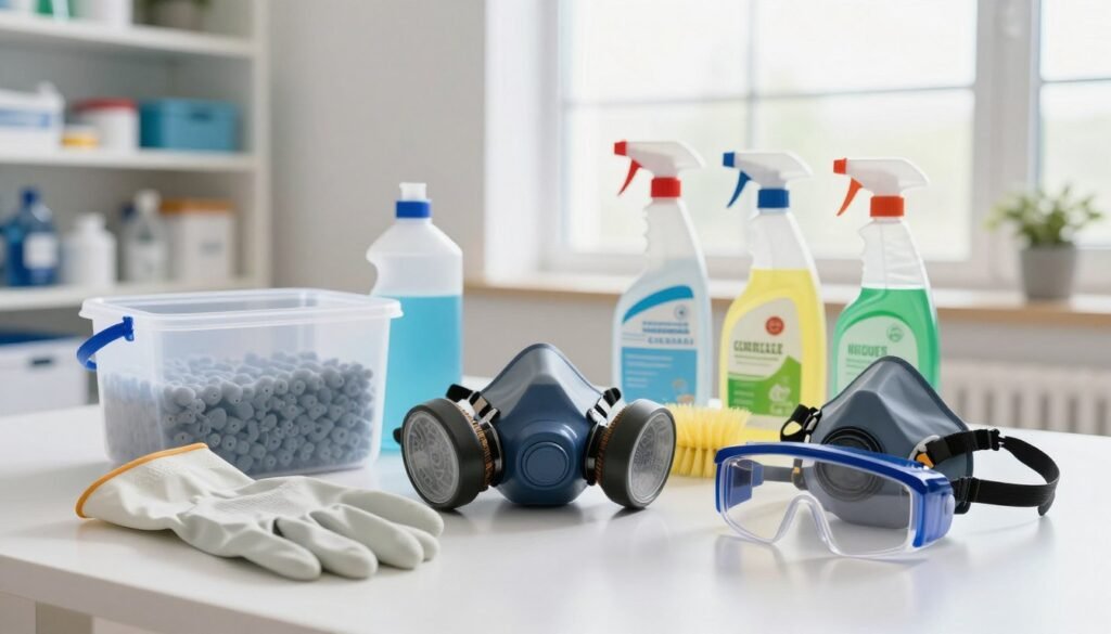 A well-organized workspace featuring essential safety equipment for cleaning plastic foundations after a colony loss. In the foreground, display a pair of sturdy rubber gloves, a high-quality respirator mask, and protective goggles neatly arranged on a clean surface. In the middle, include a spill-proof container for hazardous materials, a durable scrub brush, and various eco-friendly cleaning solutions in identifiable bottles. The background should show a bright, well-lit environment with shelves filled with additional supplies and a large window letting in natural light, creating a sense of cleanliness and preparation. The mood should be serious yet focused, emphasizing safety and professionalism in the cleaning process. The scene is devoid of any distractions, ensuring clarity and relevance to the task at hand. A well-organized workspace featuring essential safety equipment for cleaning plastic foundations after a colony loss. In the foreground, display a pair of sturdy rubber gloves, a high-quality respirator mask, and protective goggles neatly arranged on a clean surface. In the middle, include a spill-proof container for hazardous materials, a durable scrub brush, and various eco-friendly cleaning solutions in identifiable bottles. The background should show a bright, well-lit environment with shelves filled with additional supplies and a large window letting in natural light, creating a sense of cleanliness and preparation. The mood should be serious yet focused, emphasizing safety and professionalism in the cleaning process. The scene is devoid of any distractions, ensuring clarity and relevance to the task at hand.